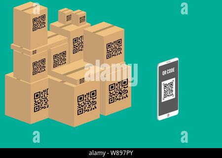 Isometric flat vector concept of QR code, barcode scanning, verification app. Stock Vector