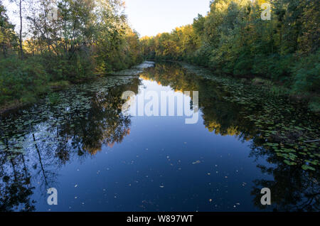Autumn time by the water. Autumn near the river. The arrival of autumn. Reflection of trees in the water. Stock Photo