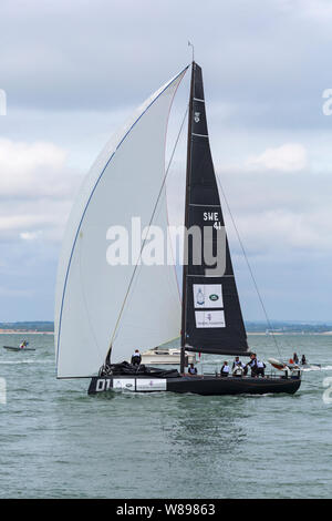 Cowes, Isle of Wight, Hampshire UK. 8th Aug 2019.  Kings Cup Sailing hosted by Duke and Duchess of Cambridge takes place a day early because of the weather forecast. 8 Fast 40+ Classic high performance race boats sail with a crew of 12 people competing against each other, raising money for 8 charities. Will and Kate skipper individual boats. Each boat sails with celebrity ambassador or captain on board. Kate Middleton skippers boat 01 Royal Foundation. Credit: Carolyn Jenkins/Alamy Live News Stock Photo