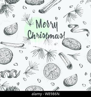 Seamless pattern with hand drawn Christmas winter spices pattern. Traditionally used in made desserts, hot mulled wine, homemade cookies. Stock Vector