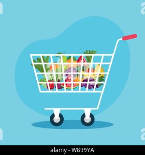 shopping car with healthy fruits and vegetables Stock Vector