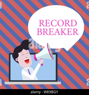 Handwriting text writing Record Breaker. Conceptual photo someone or something that beats previous best result Man Speaking Through Laptop into Loudha Stock Photo