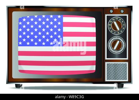 An old wood surround television receiver over a white background with Old Glory Stock Vector