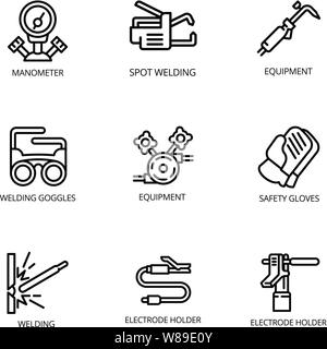 Welder tools icon set. Outline set of 9 welder tools vector icons for web design isolated on white background Stock Vector