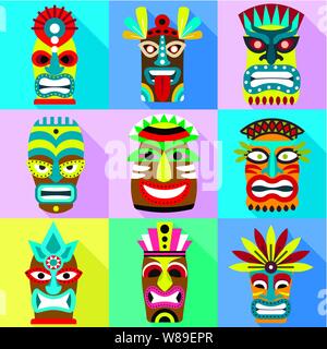 Aboriginal mask icon set. Flat set of 9 aboriginal mask vector icons for web design isolated on white background Stock Vector