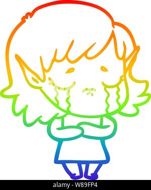 rainbow gradient line drawing of a cartoon crying elf girl Stock Vector