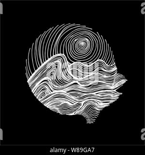 Black white illustration of sea waves and sky in hatching style. Tattoo idea. Stock Vector