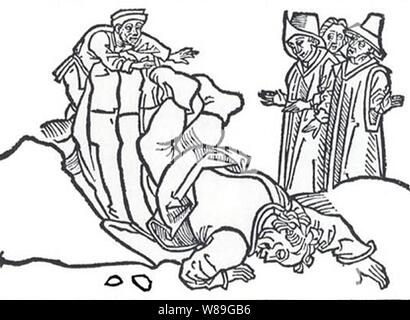 Death of Aesop woodcut 1489. Stock Photo