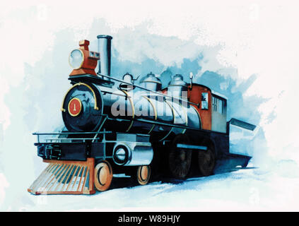 A vintage locomotive, steam engine or train in watercolor with a big light on the front & numbered 1 Stock Photo