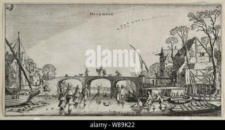 December (December). Gezicht op een dorp met een stenen brug, met op de voorgrond schaatsenrijders op het ijs, voorstellende de maand december. Links- en rechtsboven de bij deze maand behore, NL-HlmNHA 53012357. Stock Photo