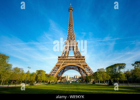 Landscape panoramic view on the Eiffel tower and park during the sunny day in Paris, France. Travel and Vacation concept. Stock Photo