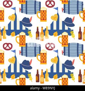 Oktoberfest hand drawn icon flat color vector seamless pattern Stock Vector