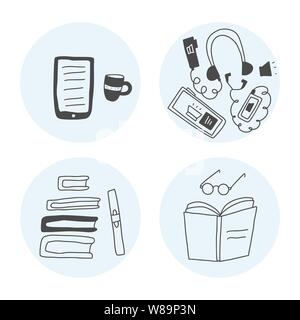 Books collcetion in doodle style. Things of different ways of reading isolated on white background. Vector illustration. Stock Vector