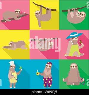 Cute sloth icon set. Flat set of 9 cute sloth vector icons for web design isolated on white background Stock Vector
