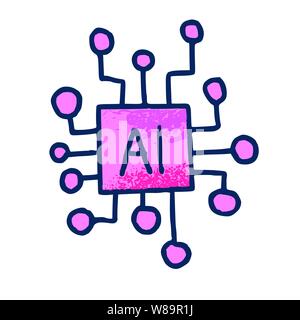 AI sign isolated on white background. Artificial intelligence symbol. Vector illustration in doodle style. Stock Vector