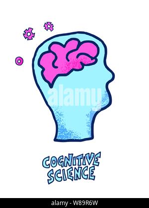 Cognitive science concept. Human head with brain and text.  Vector elements in doodle style. Stock Vector