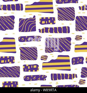 Seamless patterns of random collage elements. Dynamic background with different shapes. Vector color illustration. Stock Vector