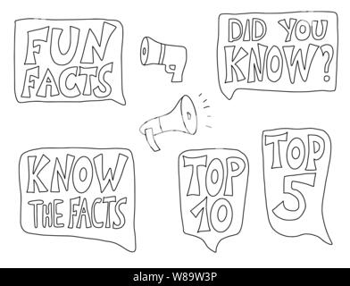 Do you know, Fun facts, Top 10 and other quotes with speech bubbles and megaphone set. Vector sketch stylized lettering. Stock Vector