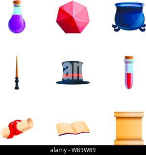 Wizard objects icon set. Cartoon set of 9 wizard objects vector icons for web design isolated on white background Stock Vector