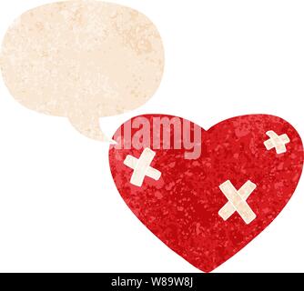 cartoon beaten up heart with speech bubble in grunge distressed retro textured style Stock Vector