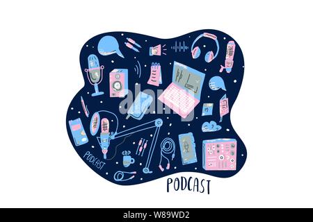 Podcast emblem with handwritten lettering and decoration. Text and podcasts symbols isolated on white background. Vector illustration. Stock Vector