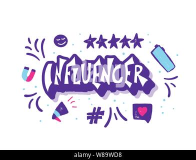 Influencer concept. Hand drawn text with decoration isolated on white background. Vector color illustration. Stock Vector