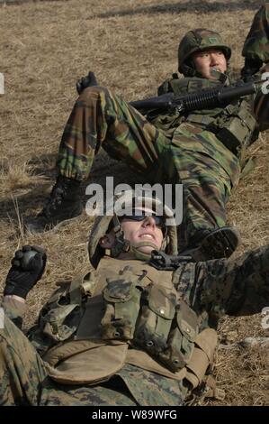 U.S. Marine Corps Cpl. Joshua Sou (foreground) participates in grenade training with Republic of Korea marines as part of Exercise Key Resolve/Foal Eagle 2008 at the Rodriguez Live Fire Range in South Korea on March 1, 2008.  The annual joint exercise between U.S. and Republic of Korea forces provides training to enhance interoperability and combat readiness.  Sou is attached to the 1st Light Armored Reconnaissance Battalion, 1st Marine Division from Camp Pendleton, Calif. Stock Photo