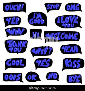 Welcome, ok, yep, wow, omg, cool, thank you, yes, hi, I'm good, I love you, bye,no, stop lettering isolated on white background. Set of short phrases. Stock Vector