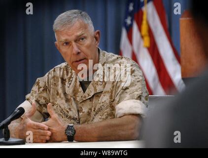 Commandant of the Marine Corps Gen. James T. Conway answers questions from reporters during a media roundtable in the Pentagon on Aug. 27, 2008.  Conway held the press conference to discuss Marine Corps issues and programs. Stock Photo