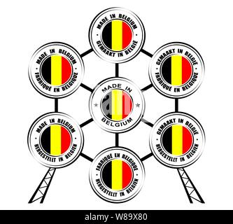 Collection of round labels Made in Belgium, different languages, Atomium icon Stock Vector