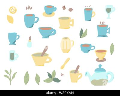 Tea set. Cups and kettele. Hot beverage stuff. Vector illustration. Stock Vector