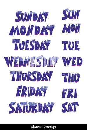 Days of the week. Set of stylized words. Sunday, Monday, Tuesday, Wednesday,  Thursday, Friday, Saturday lettering. Vector illustration Stock Vector  Image & Art - Alamy