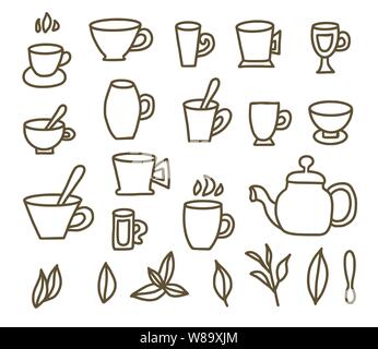 Tea set in doodle style. Cups and kettele. Hot beverage stuff. Vector illustration. Stock Vector