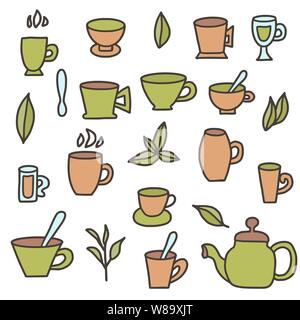 Tea set. Cups and kettele. Hot beverage stuff. Vector illustration. Stock Vector
