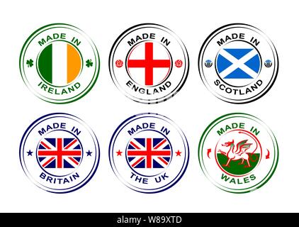 Made in United Kingdom, Great Britain with flag, Wales with dragon, Scotland with thistle, England with rose, Ireland with shamrock Stock Vector