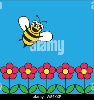 cute happy honey bee in a pink flower garden vector illustration EPS10 Stock Vector