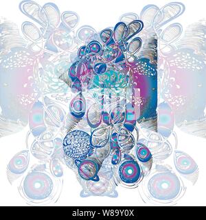 Neon picture of psychedelic travel, Eyes, planets, patterns, waves. Stock Vector