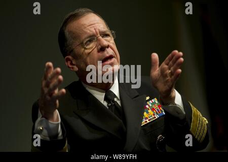 Chairman of the Joint Chiefs of Staff Adm. Mike Mullen, U.S. Navy, answers an audience member?s question during the Bernard Brodie Distinguished Lecture Series at the University of California at Los Angeles on Nov. 10, 2010.  Mullen was interviewed by National Public Radio?s Morning Edition co-host Renee Montagne at the lecture that provides a special forum for dignitaries and scholars of politics, strategy, warfare and peace to present their views to the UCLA community and the public. Stock Photo