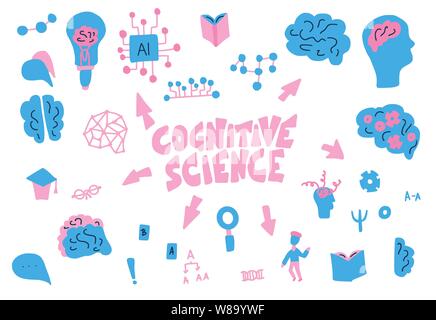 Cognitive science concept. Set of vector elements in doodle style. Stock Vector