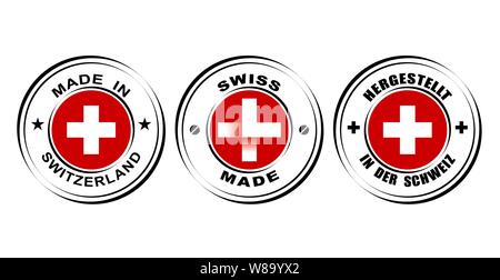Round label Made in Switzerland with flag,  Swiss made with watch icon Stock Vector