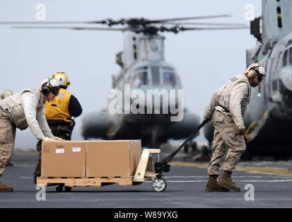 A USMC CH-46E (Sea Knight) helicopter from Marine Helicopter Squadron  Medium (HMM 262), come in for a landing on the flight deck of the USS Essex  (LHD 2). Marines from the 31st