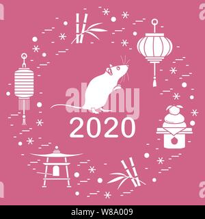 Happy new year. Vector illustration with 2020 year numbers, rat, lanterns, bell, mochi, bamboo, orange. Rat zodiac sign, symbol of 2020 on the Chinese Stock Vector