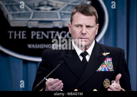 Director of the Joint Staff Vice Adm. Bill Gortney, U.S. Navy, updates the media at a briefing on Operation Odyssey Dawn from the Pentagon in Washington, D.C., on March 24, 2011. Stock Photo