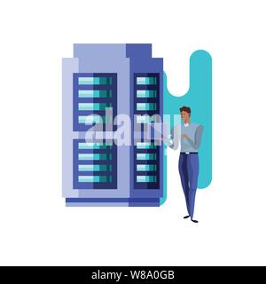 business man with laptop and data center server vector illustration design Stock Vector