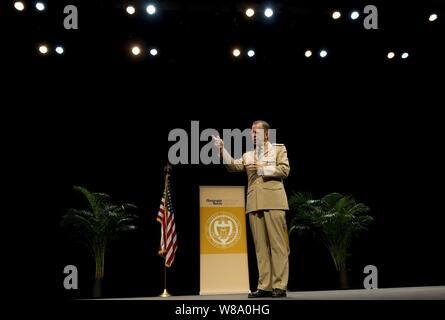 .S. Navy Adm. Mike Mullen, chairman of the Joint Chiefs of Staff addresses audience members at a Conversations with the Country stop at Georgia Tech University, Atlanta, Ga., Sept. 13, 2011. Mullen is on a two-day trip with stops in New York City and Miami in his final domestic trip as chairman. Stock Photo