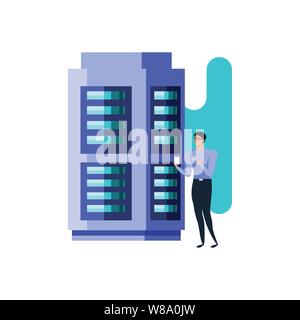 business man using smartphone and data center server vector illustration design Stock Vector