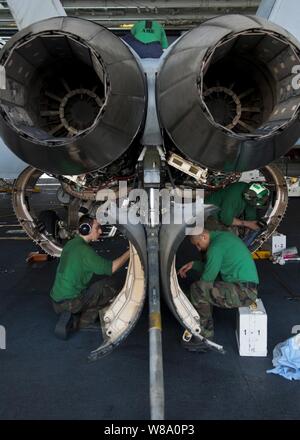 Sailors perform maintenance on an F/A-18E Super Hornet from Strike Fighter Squadron 14 aboard the aircraft carrier USS John C. Stennis (CVN 74) in the Arabian Sea on Jan. 13, 2012.  The John C. Stennis is deployed to the U.S. 5th Fleet area of responsibility conducting maritime security operations and support missions as part of Operation Enduring Freedom. Stock Photo