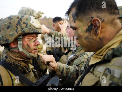 Cpl. Mario Melendez (right), assigned to 2nd Platoon, Company Pacific, Fleet Anti-Terrorism Security Team applies camouflage paint to Lance Cpl. Tyler Courtney before a tactical movement exercise at Camp Rodriguez, Republic of Korea, on March 3, 2012.   Approximately 50 Marines conducted training at the Camp Rodriguez Live Fire Complex. Stock Photo