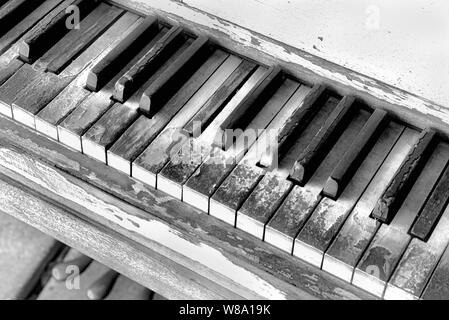 Old broken piano keys in black and white. Stock Photo