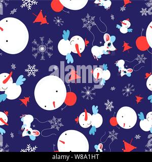 Festive bright vector seamless Christmas pattern of snowmen and mice on a blue background. New year pattern for wallpaper or fabric. Stock Vector